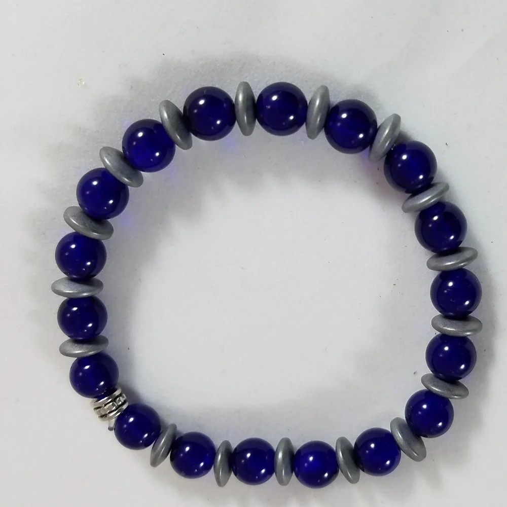 Hand Crafted Bracelet with Hematite Spacers Stretch Cobalt Blue Gray 7” Unisex
